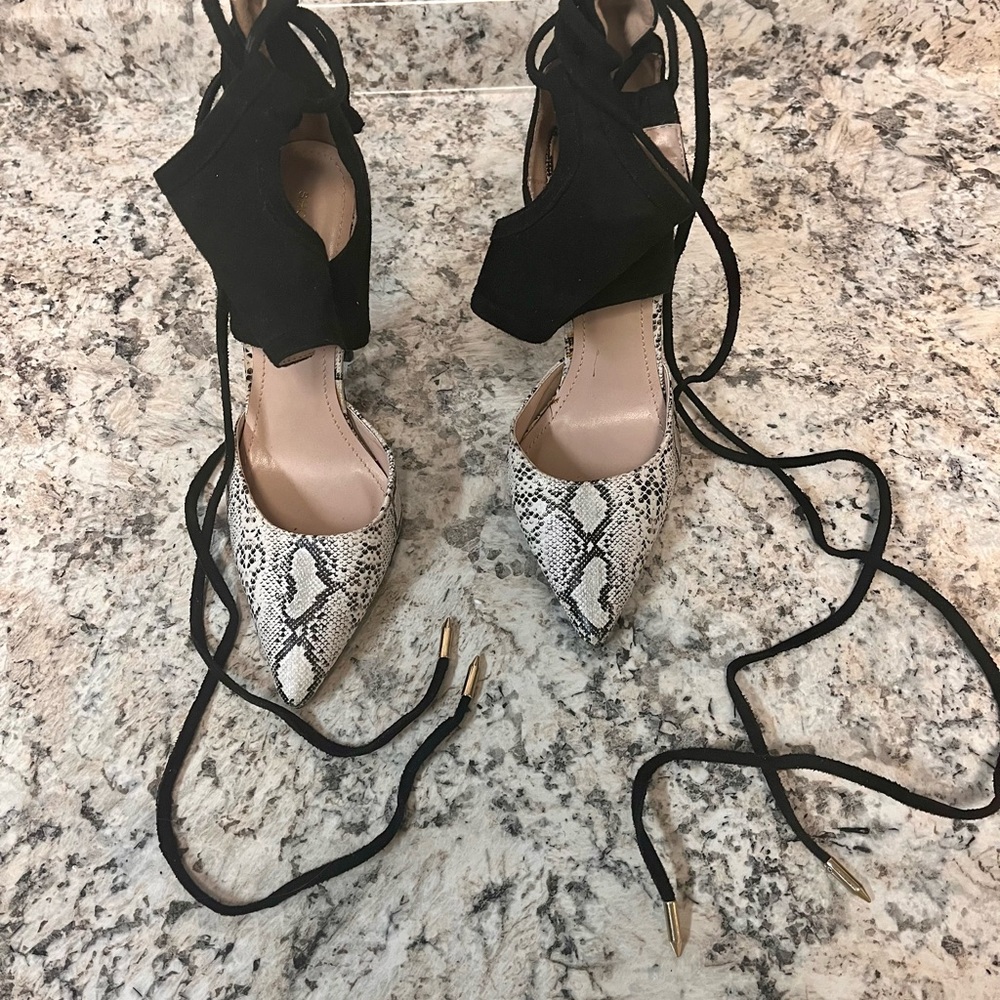 Shoe Republic LA Black and Snake Print Heels